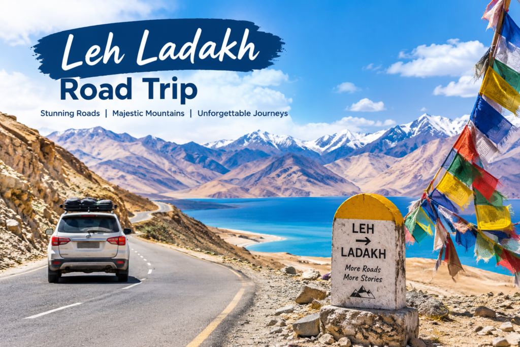 Leh Ladakh road trip with scenic mountains, blue lake and winding Himalayan road