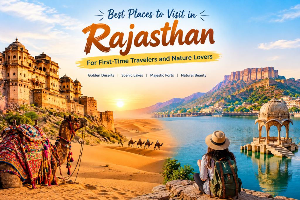 **Alt Text:** `Best places to visit in Rajasthan featuring golden desert, majestic forts, scenic lakes and camel safari`