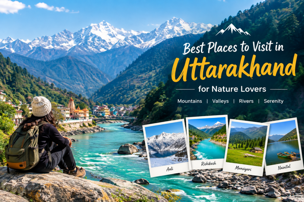 “Scenic Uttarakhand landscape with snow-capped Himalayan mountains, a turquoise river, lush green valleys, a riverside village, and a traveler enjoying the view.”
